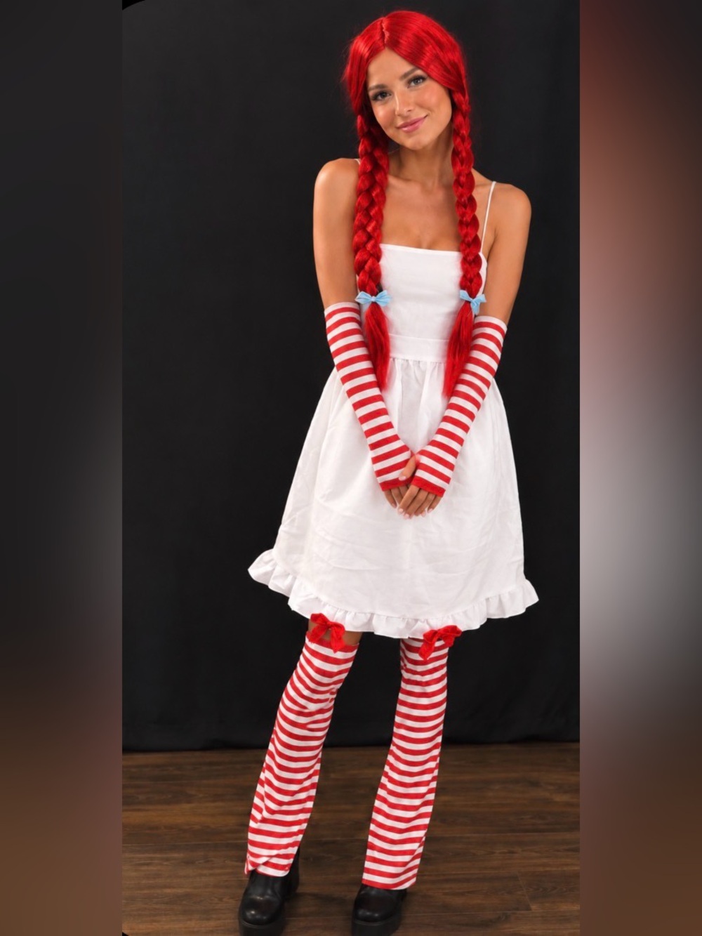 Red & White Dress Up Costume- Wig,Striped Arm Warmers,Leggings and Apron Set